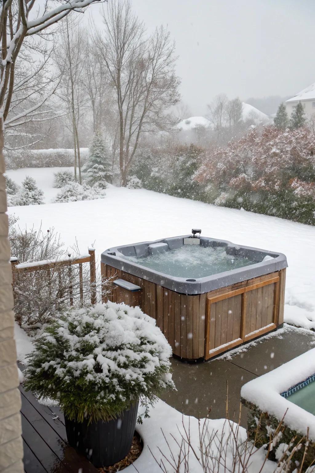 A hot tub provides warmth and relaxation in winter.