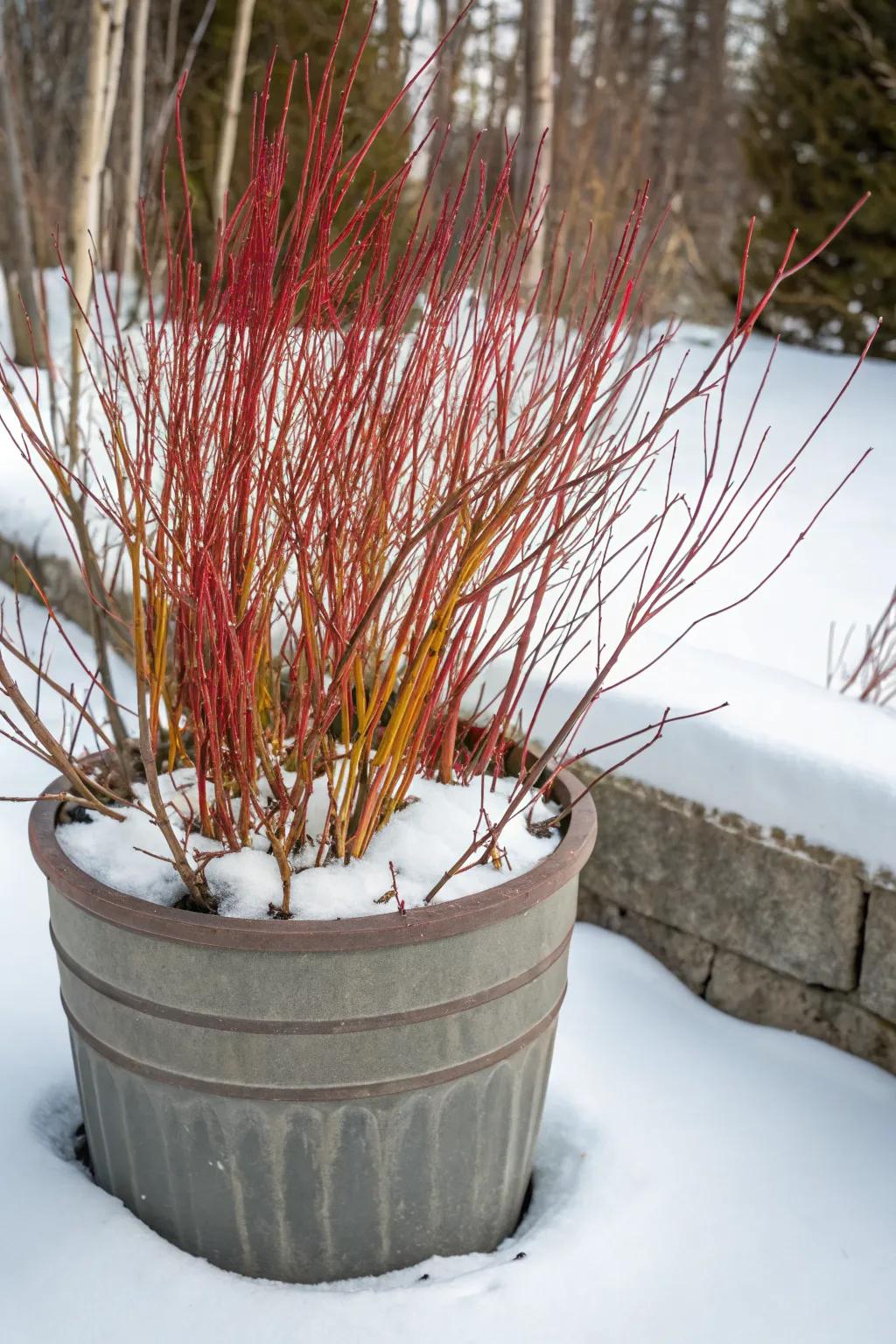 Colorful sticks add height and interest to winter arrangements