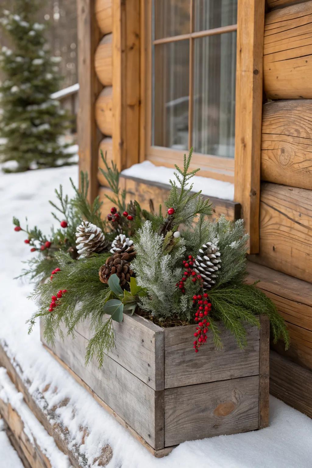 Wooden boxes add rustic charm to winter displays.