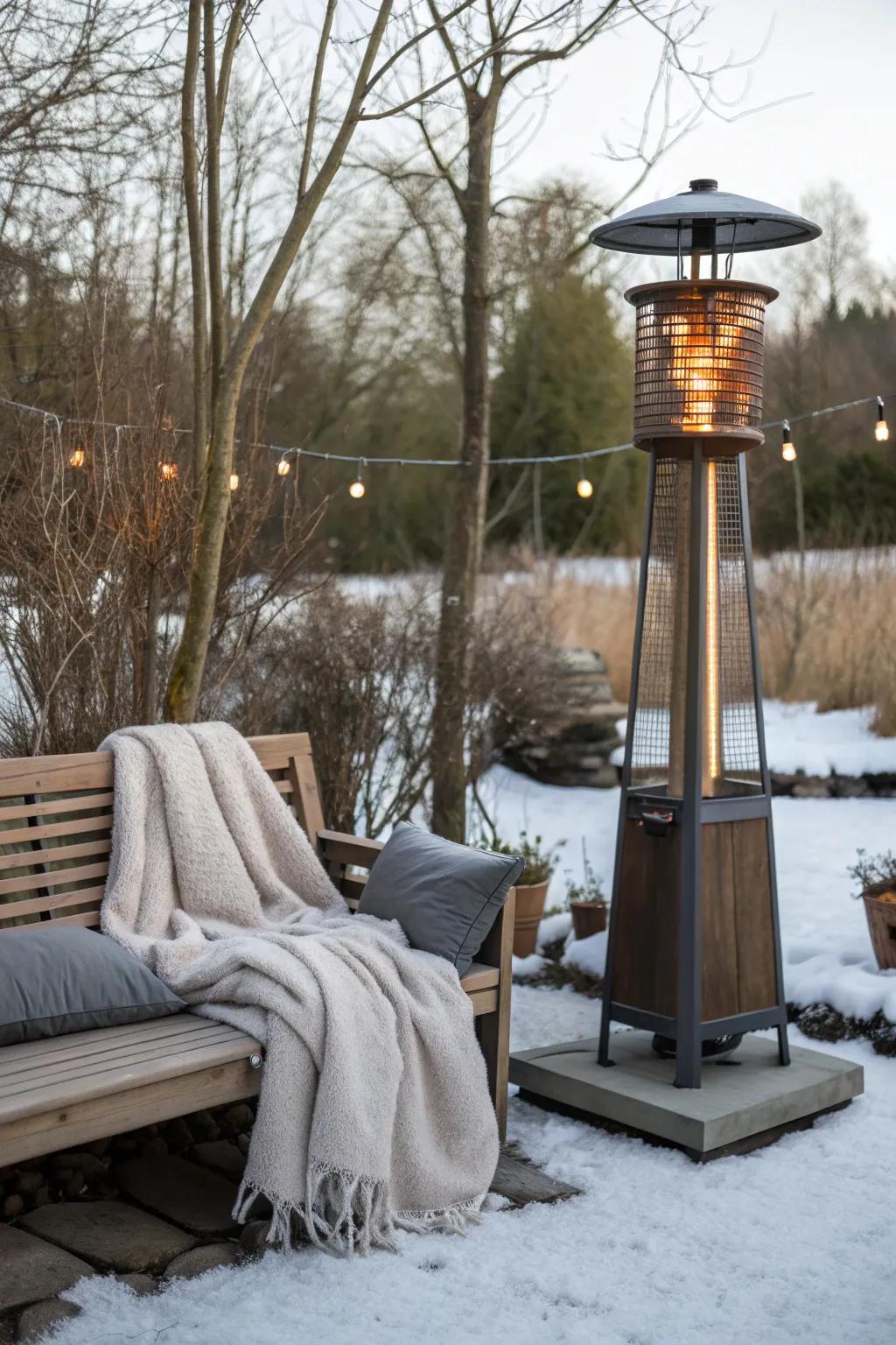 Stay toasty with a heated seating area in your winter garden.