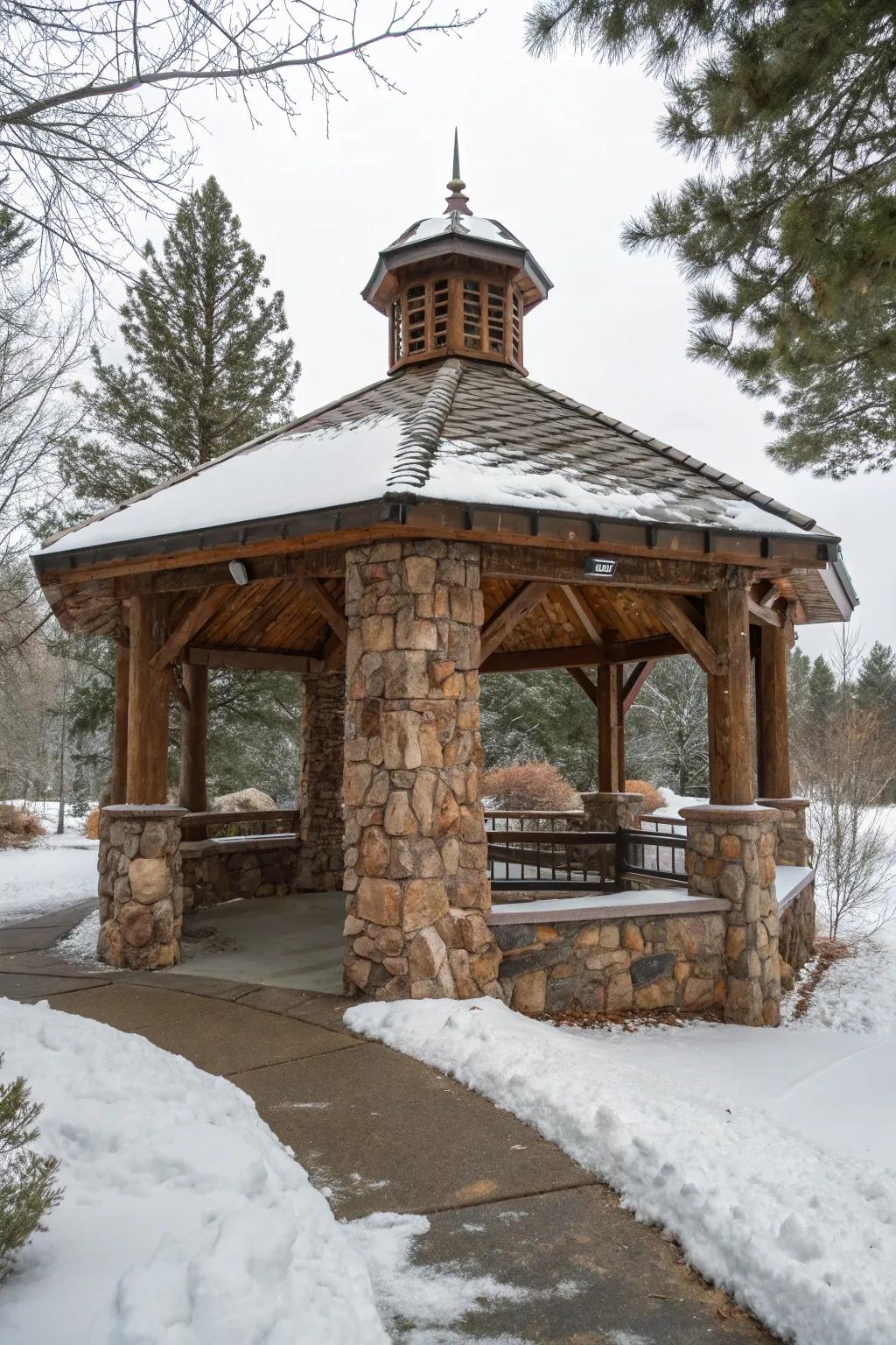 Natural materials add rustic charm and blend your gazebo with the winter landscape.