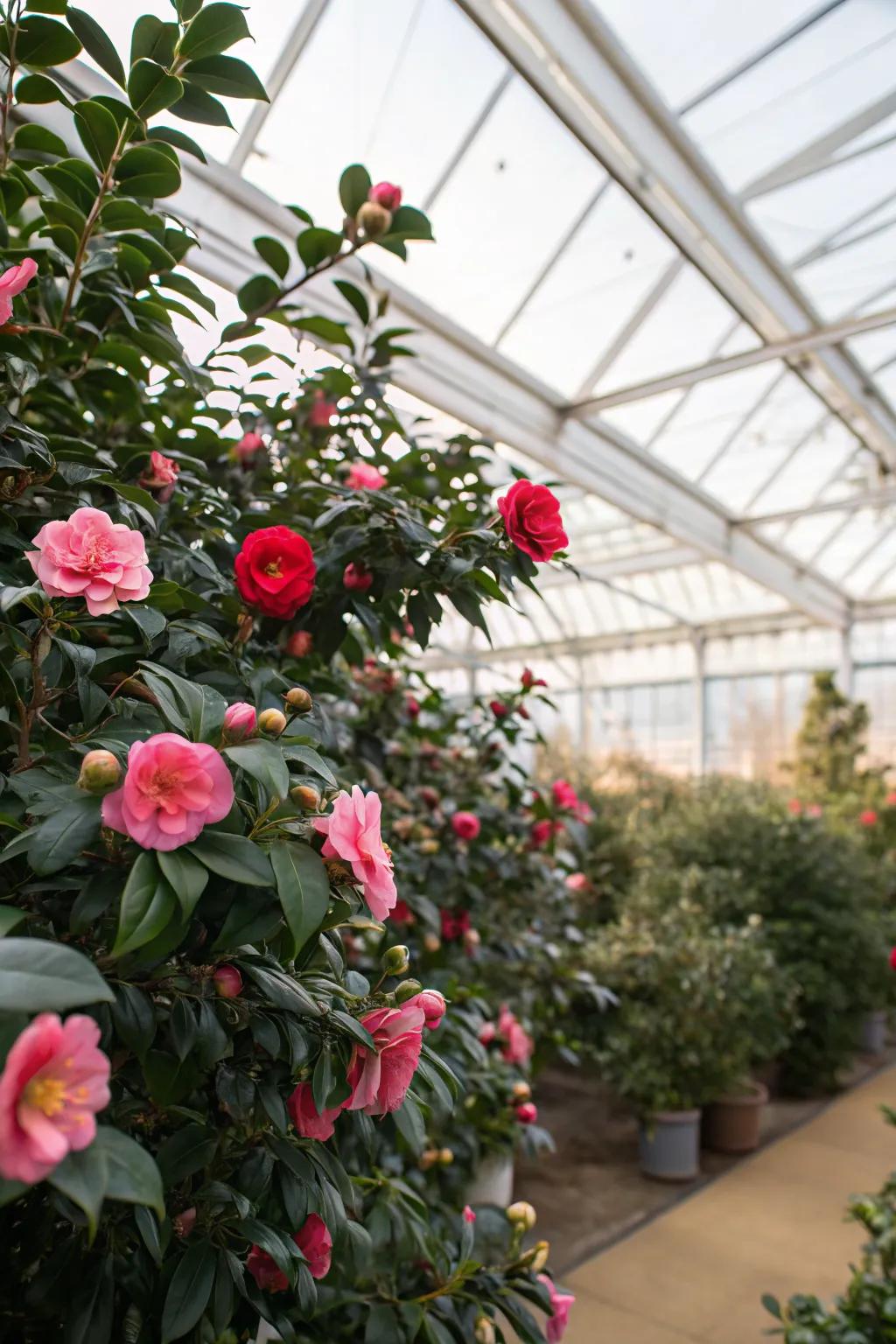 Exotic plants flourishing in a winter greenhouse.