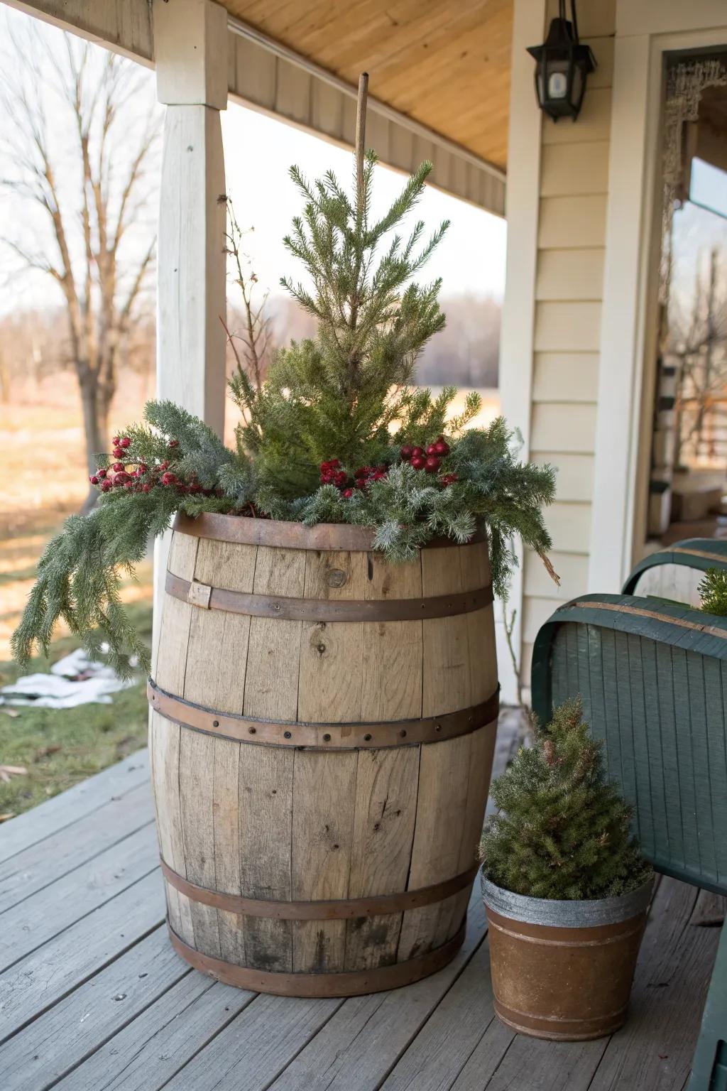 Rustic wooden barrels add charm to a porch display.