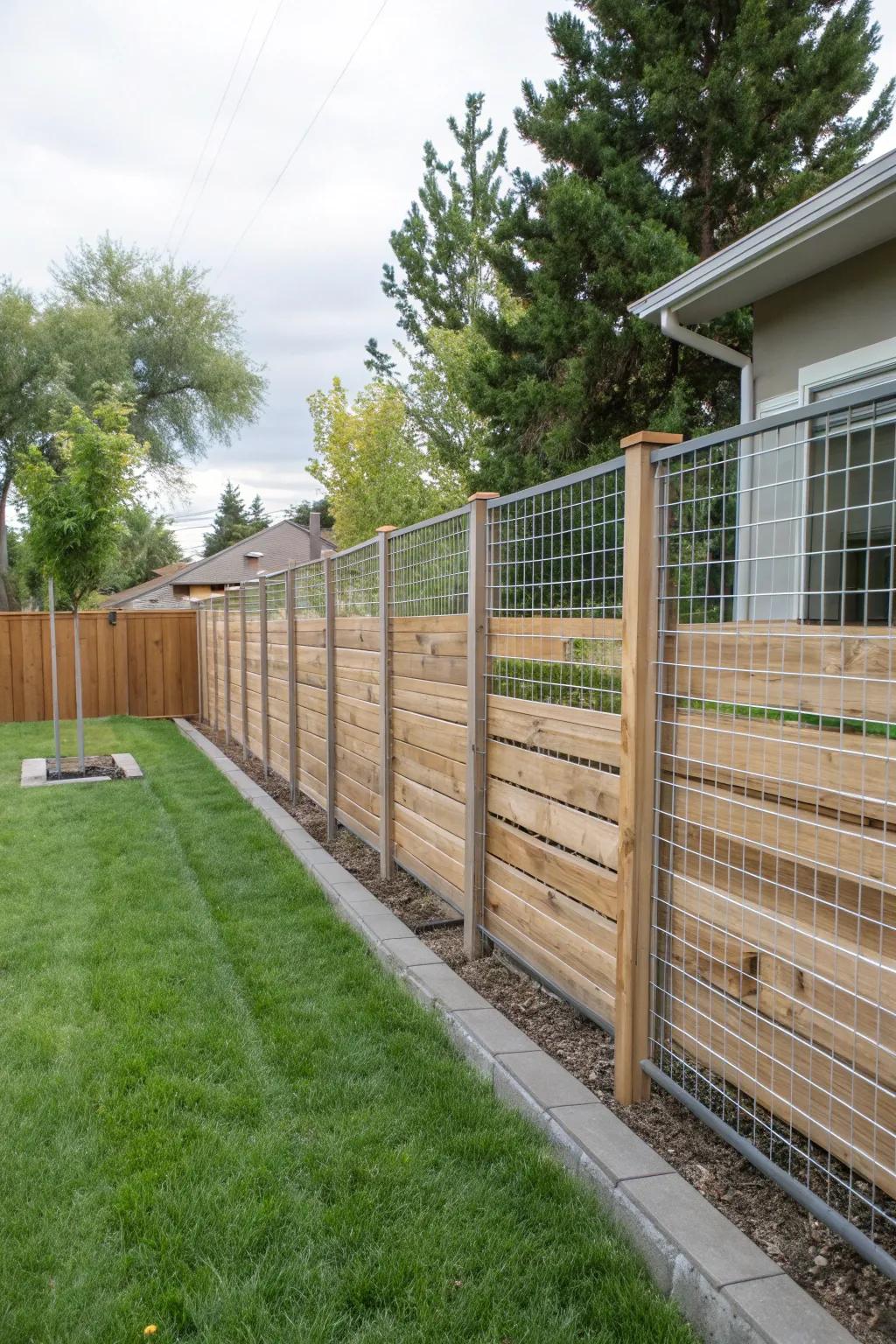 Wire fence with horizontal wood slats for added privacy.