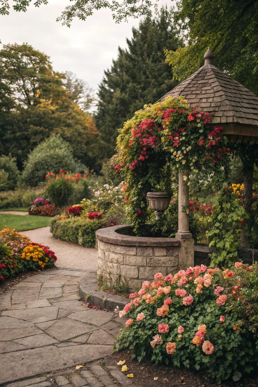 A flower-filled wishing well becomes a living art piece.