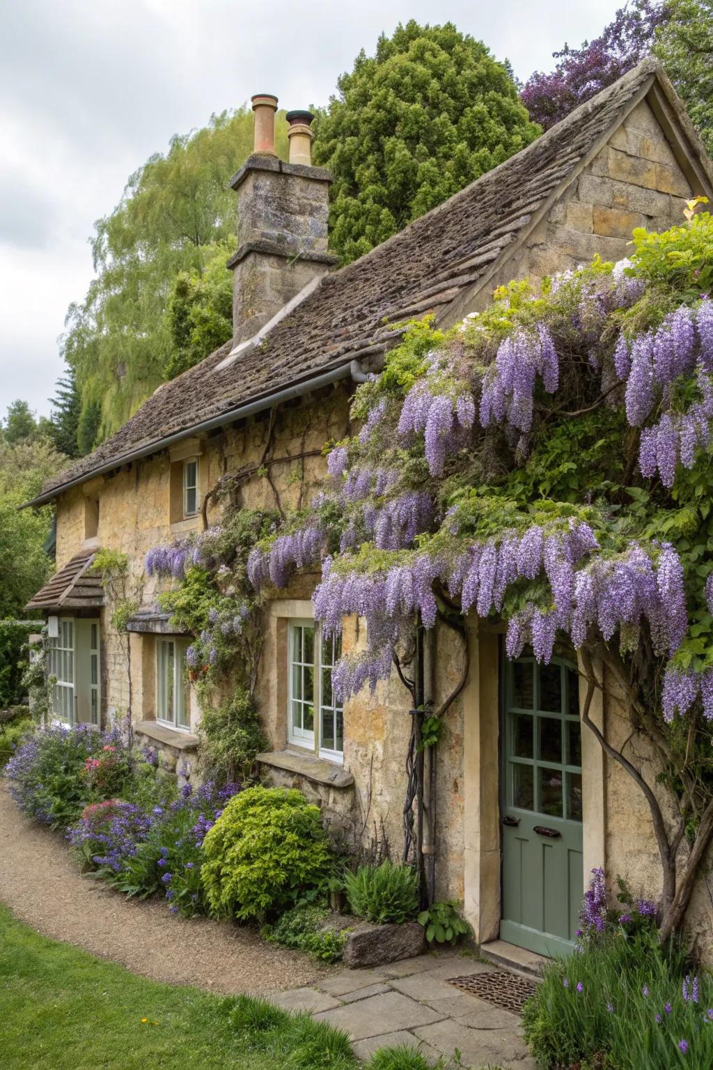 A cottage-style home beautifully draped with wisteria, adding rustic charm.