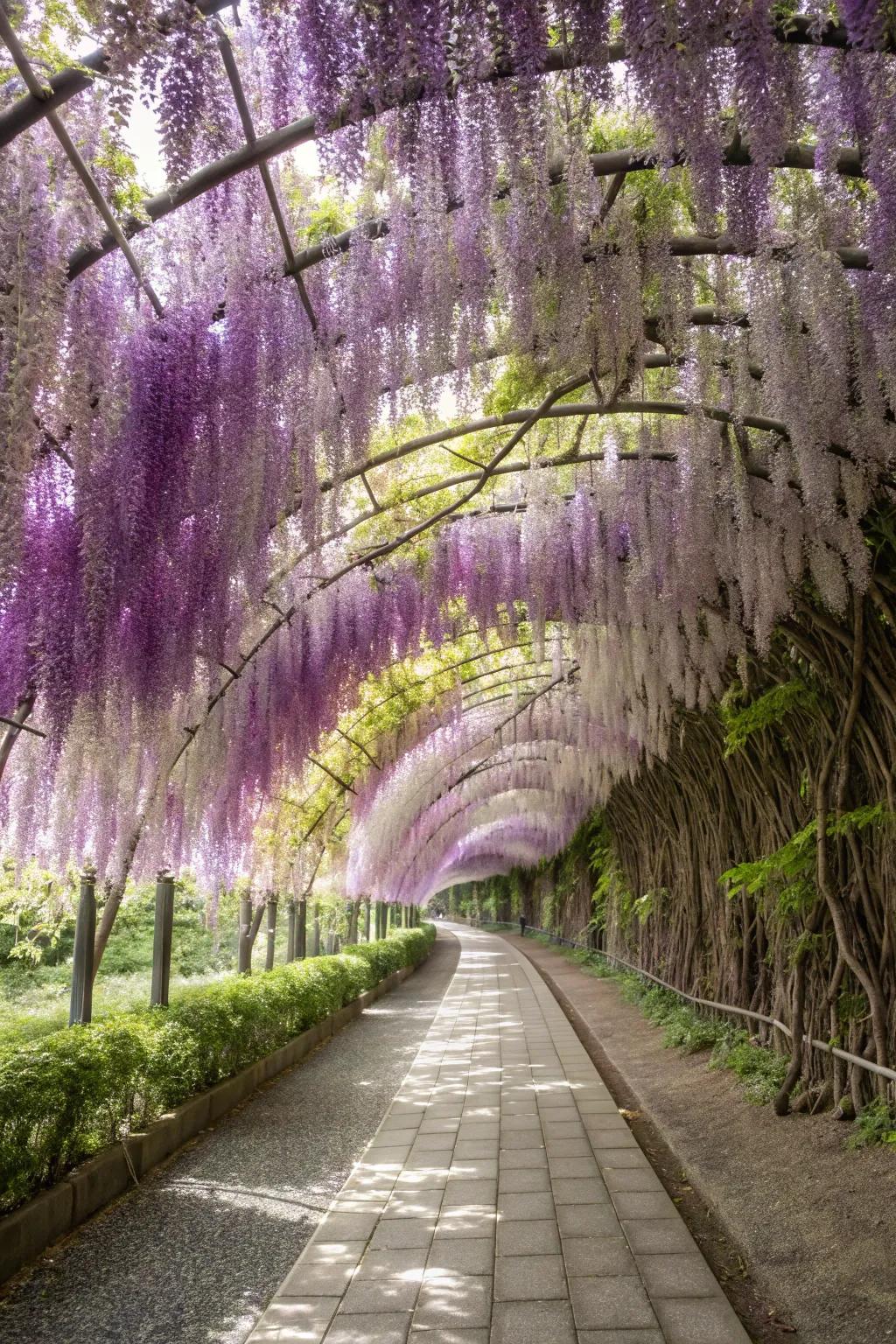A mesmerizing wisteria tunnel offering a magical garden experience.
