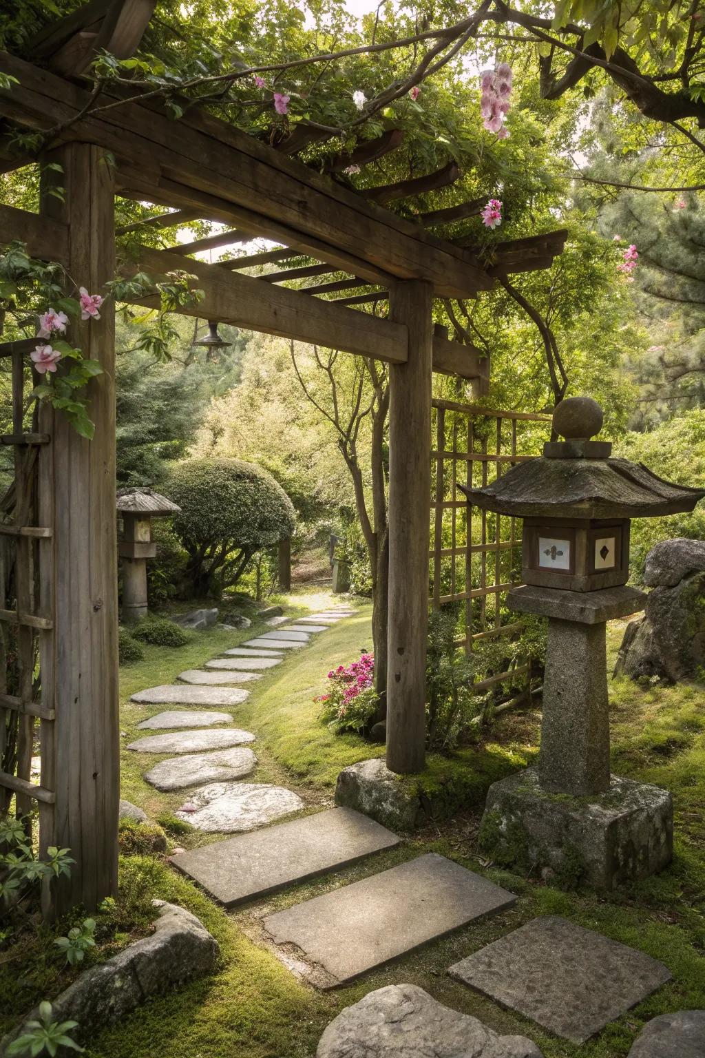 Japanese-inspired wooden arbor for a tranquil garden space.