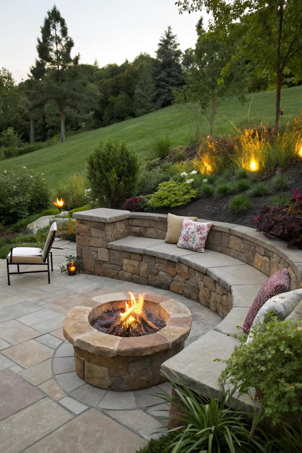 A built-in patio fire pit creates a seamless outdoor experience.