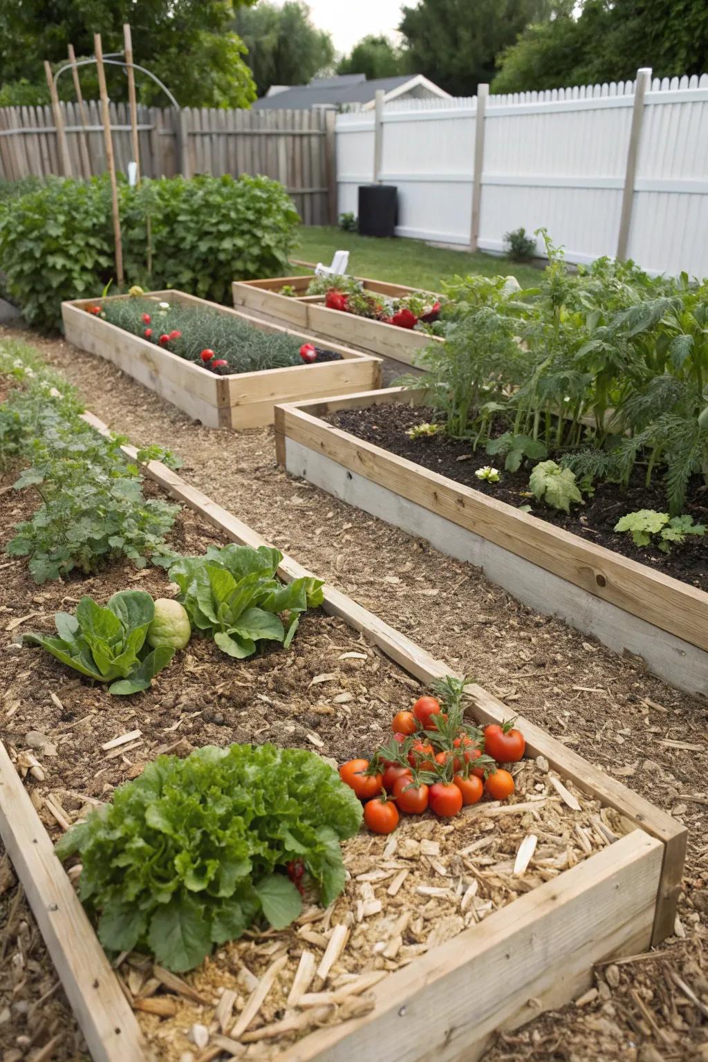 Efficiently maintained raised garden beds with a wood chip surround.