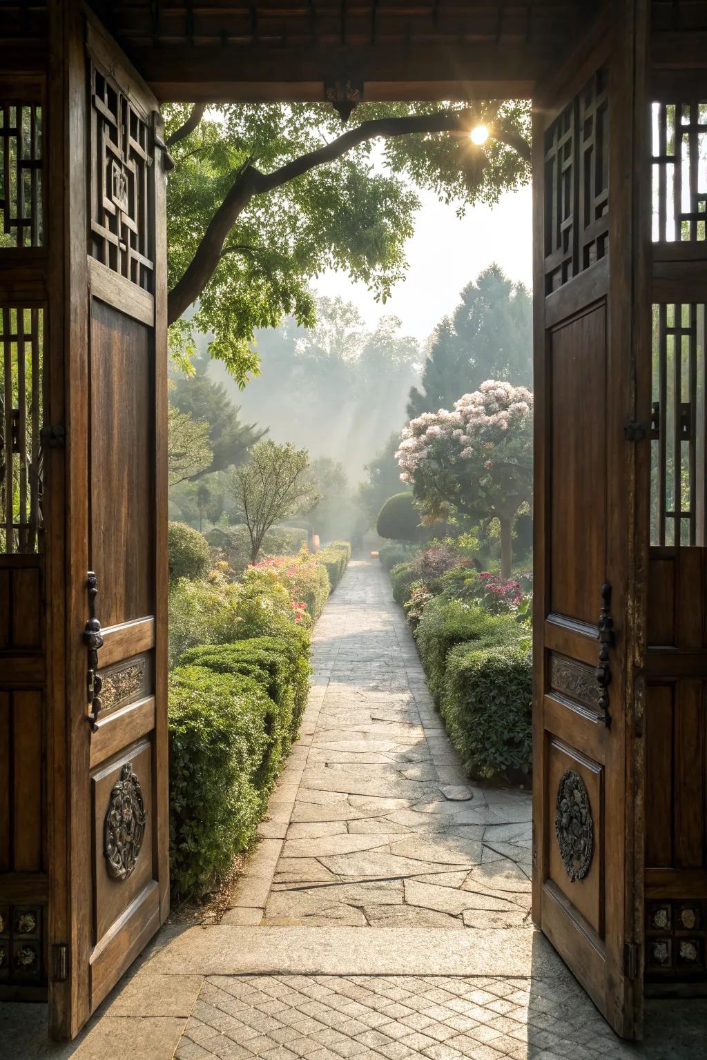 Double doors create a grand entrance to the garden.