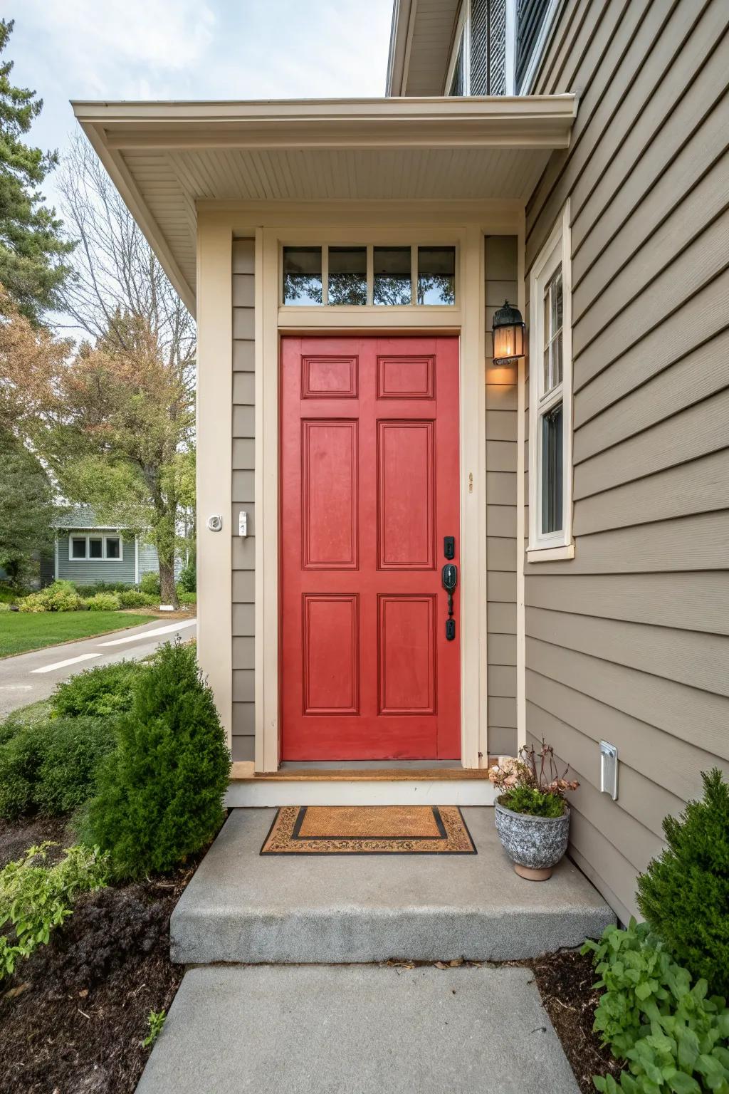 A bold statement with a brightly colored wooden front door.