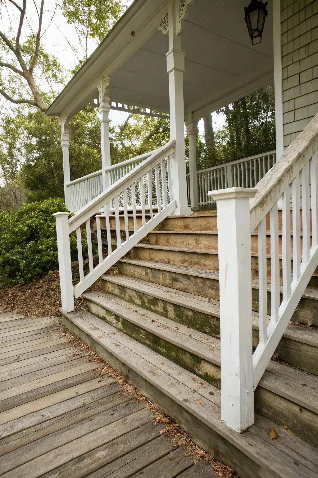 White railings provide a classic contrast with natural wood.