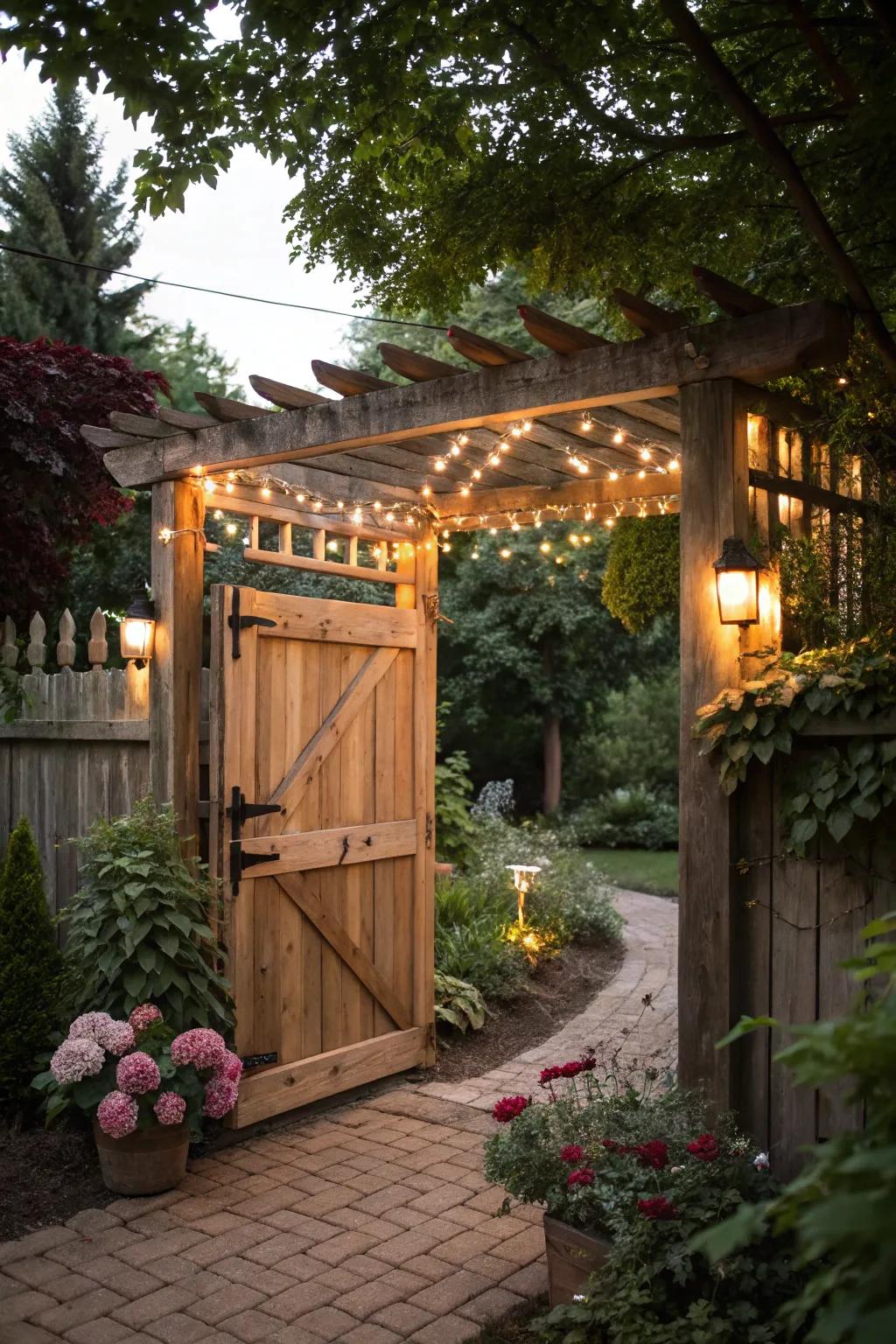 A pergola-style wooden gate, perfect for creating an inviting garden entrance.