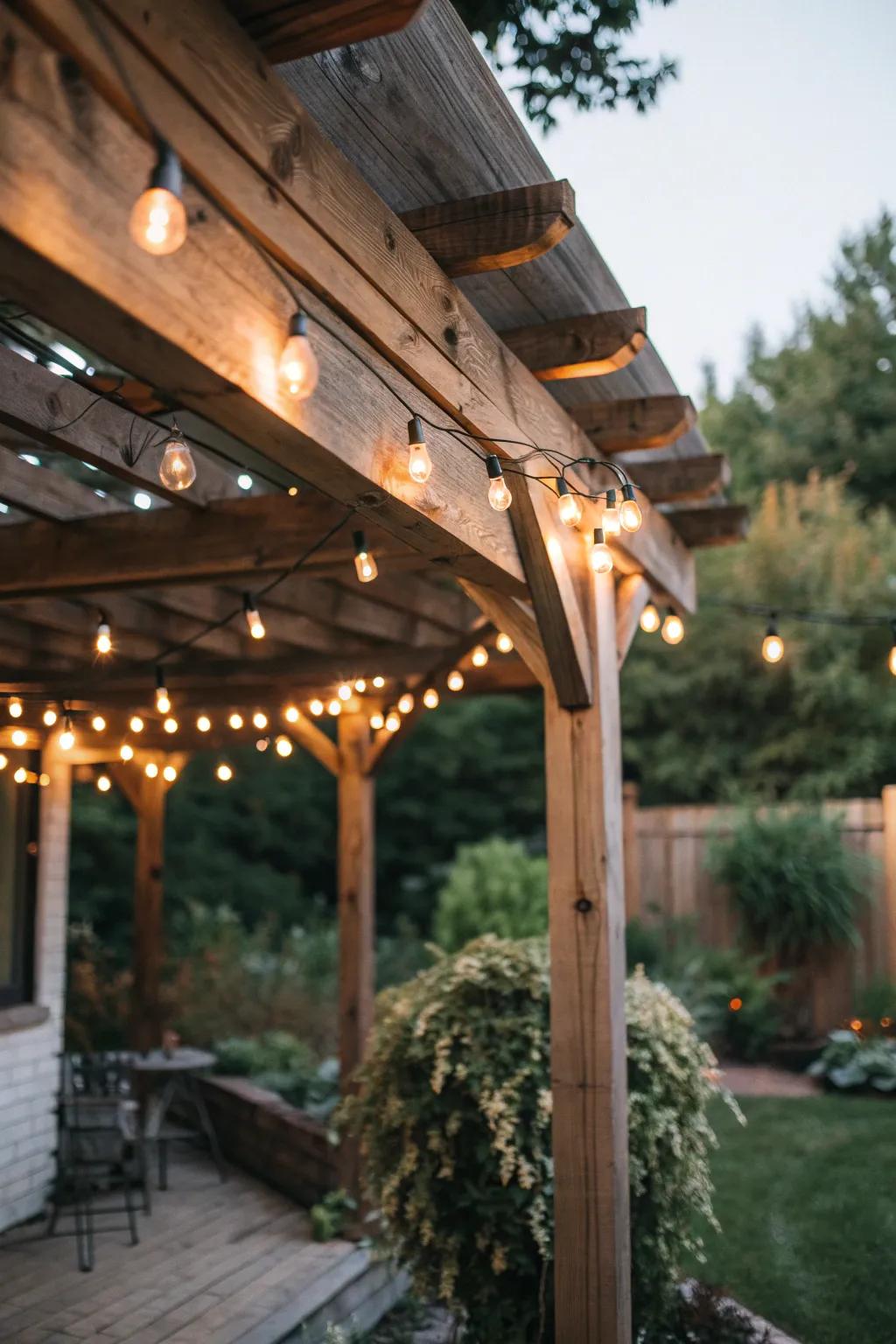 String lights under a wood patio cover create an enchanting evening atmosphere.