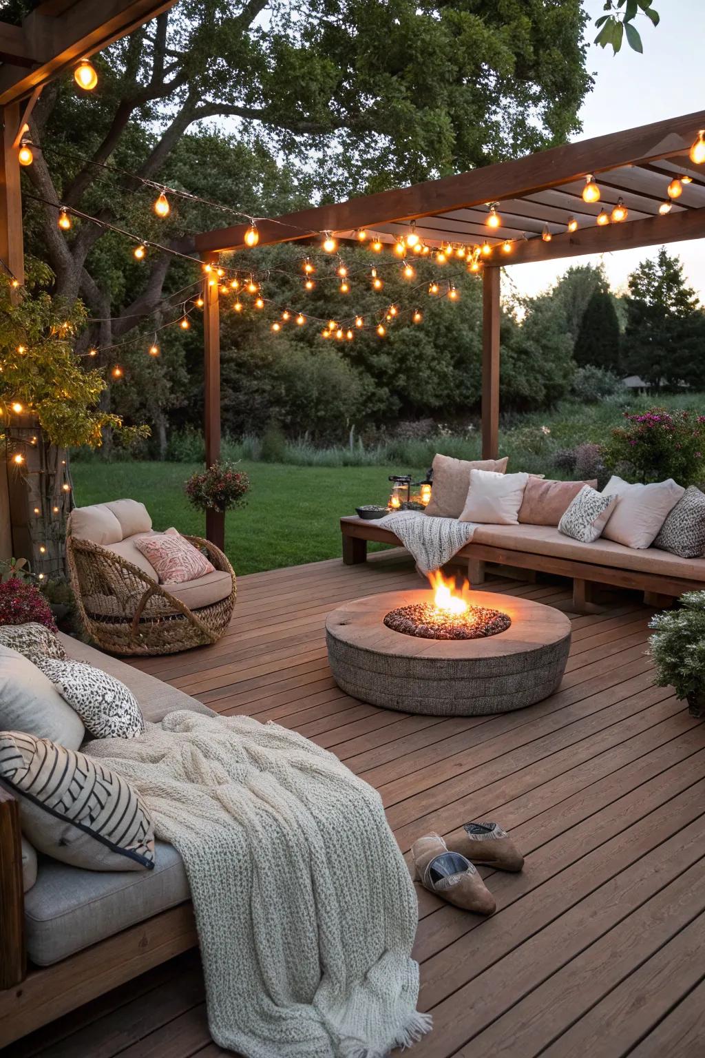 A wooden patio deck with a cozy fire pit area.