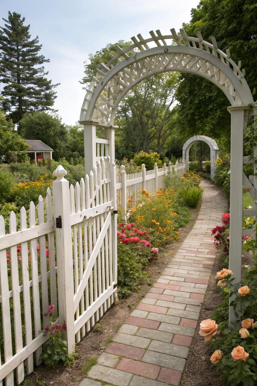 An arched picket fence adds elegance and flow to the garden path.
