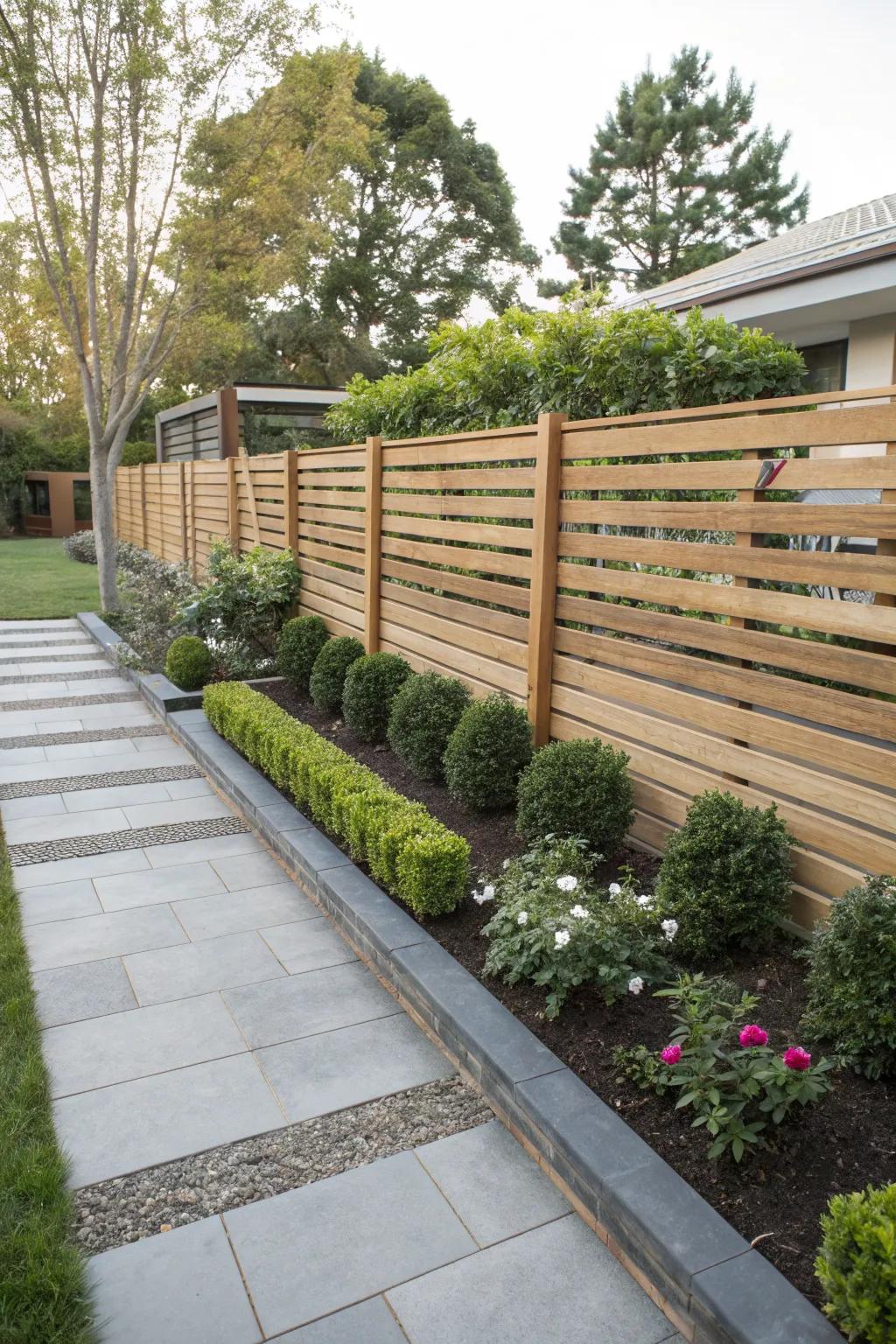 Horizontal slats create a modern aesthetic in this backyard oasis.