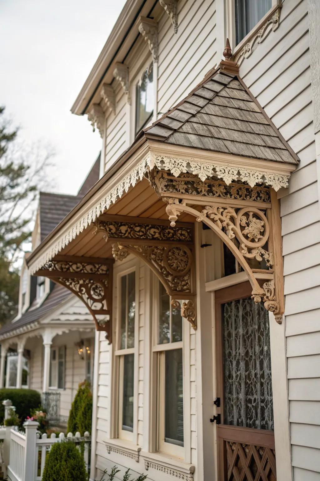 Decorative brackets provide both support and style to wood awnings.