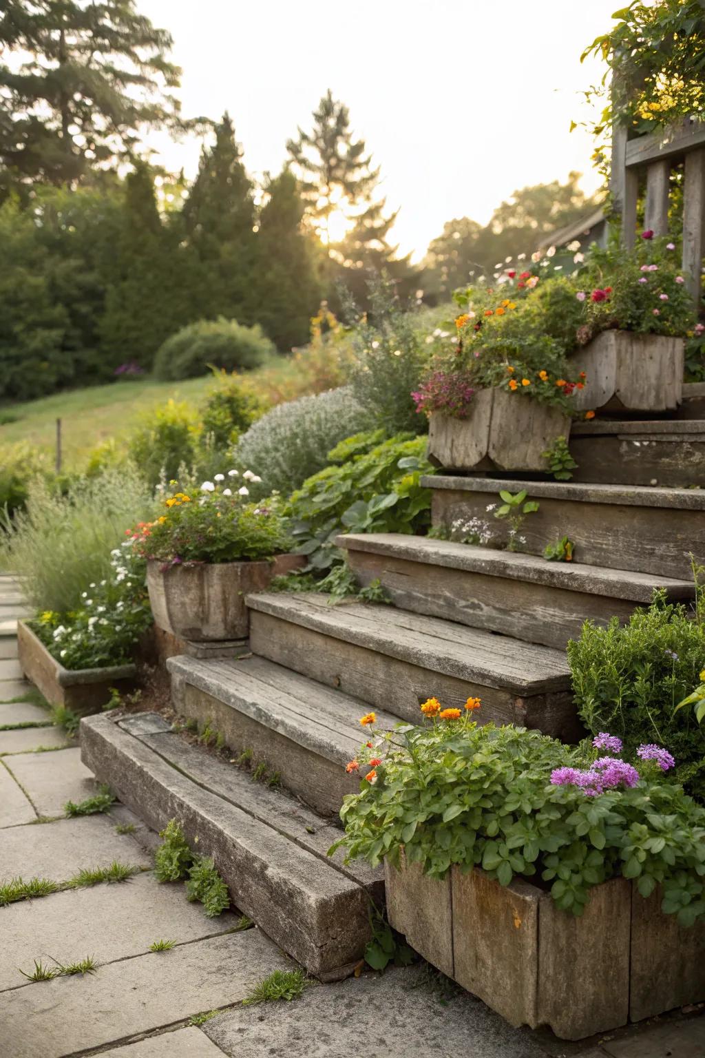 Steps with integrated planters offering a fragrant garden path.