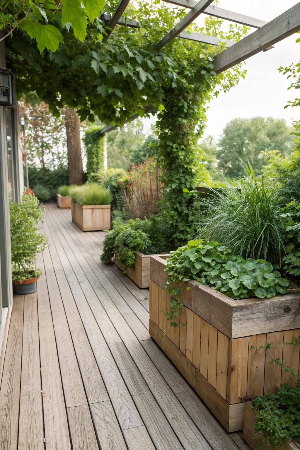 Greenery and wood combine to create a natural sanctuary.