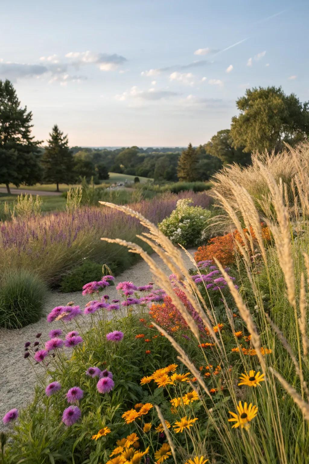 Wildflowers and grasses add a touch of wild beauty to the garden.