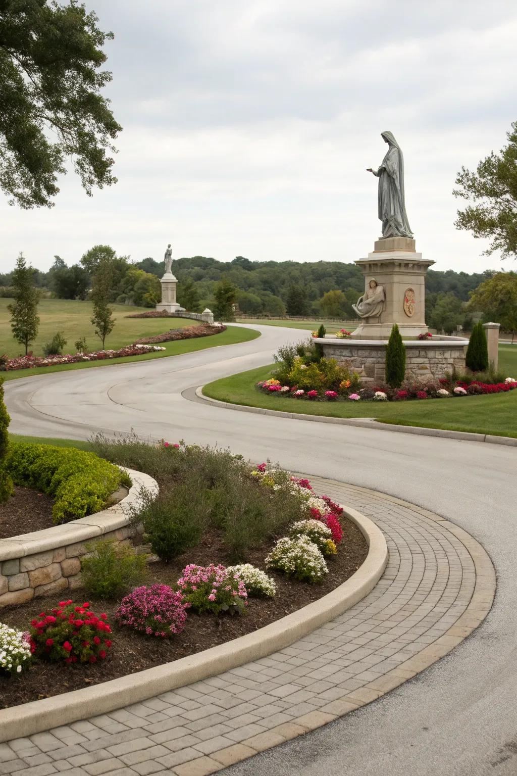 A central island with a statue and flower bed in a wrap around driveway.