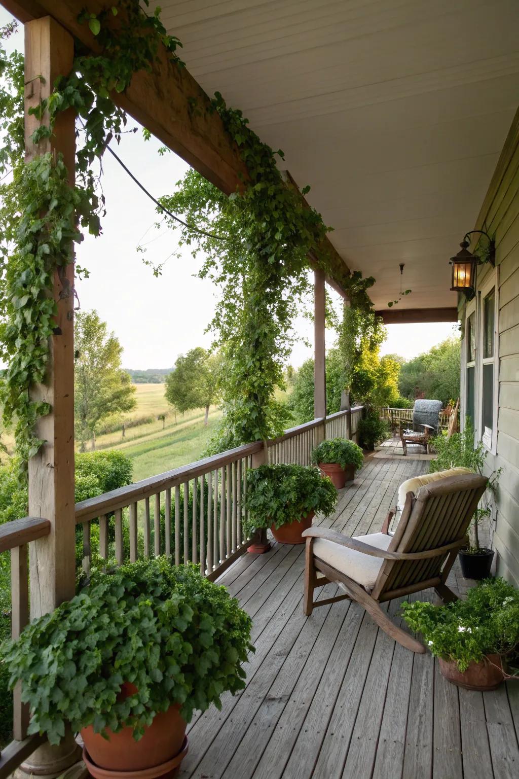 Green retreat with plants on a wrap around porch