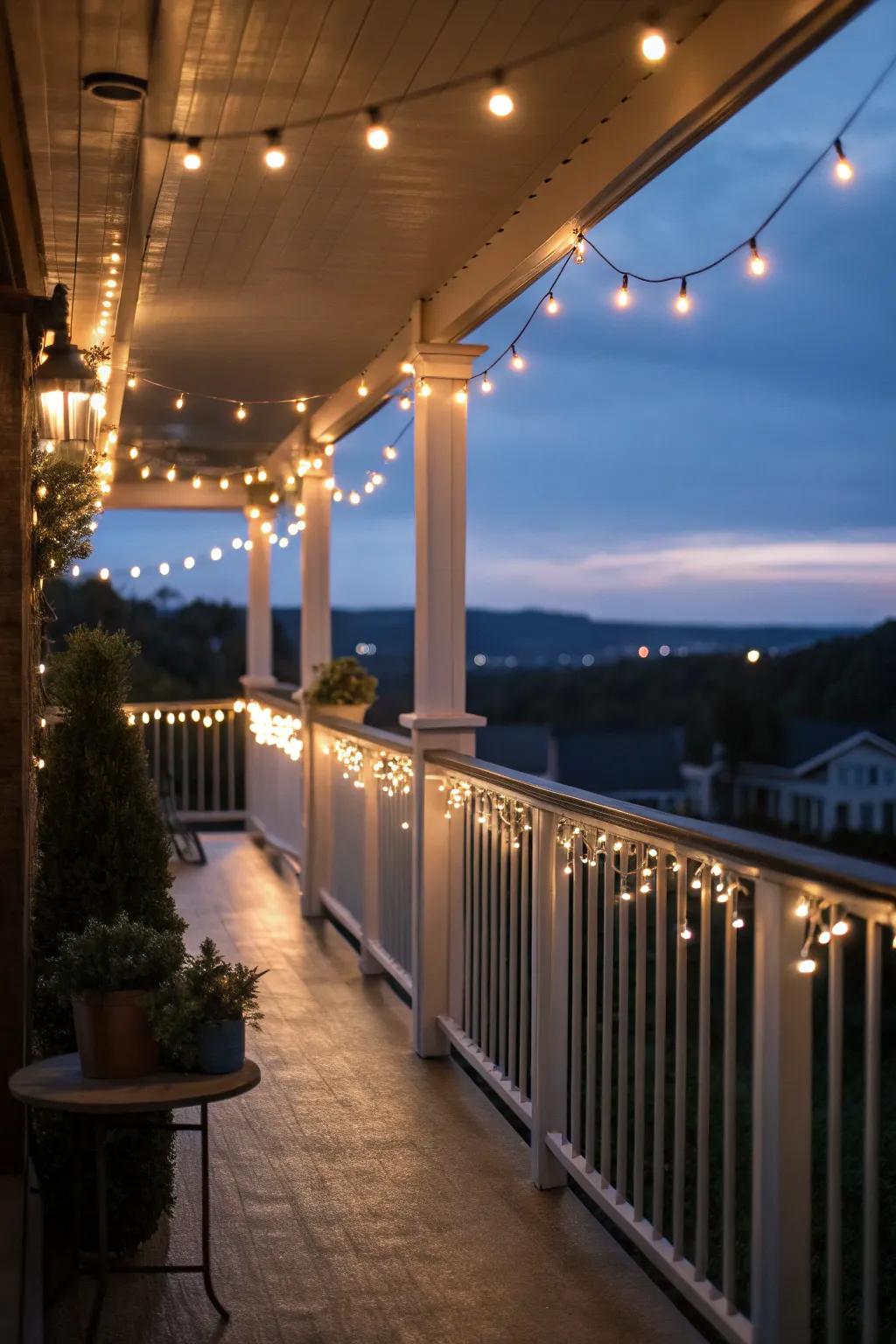 String lights illuminate the balcony with a warm glow.