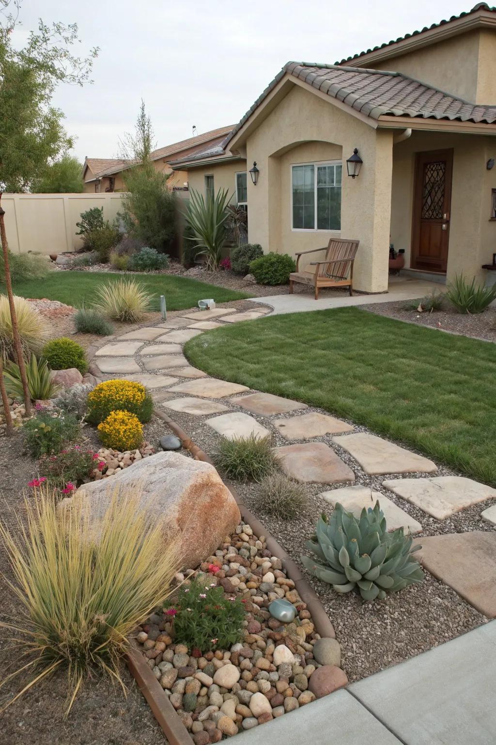 A front yard with reduced grass areas, focusing on hardscapes.