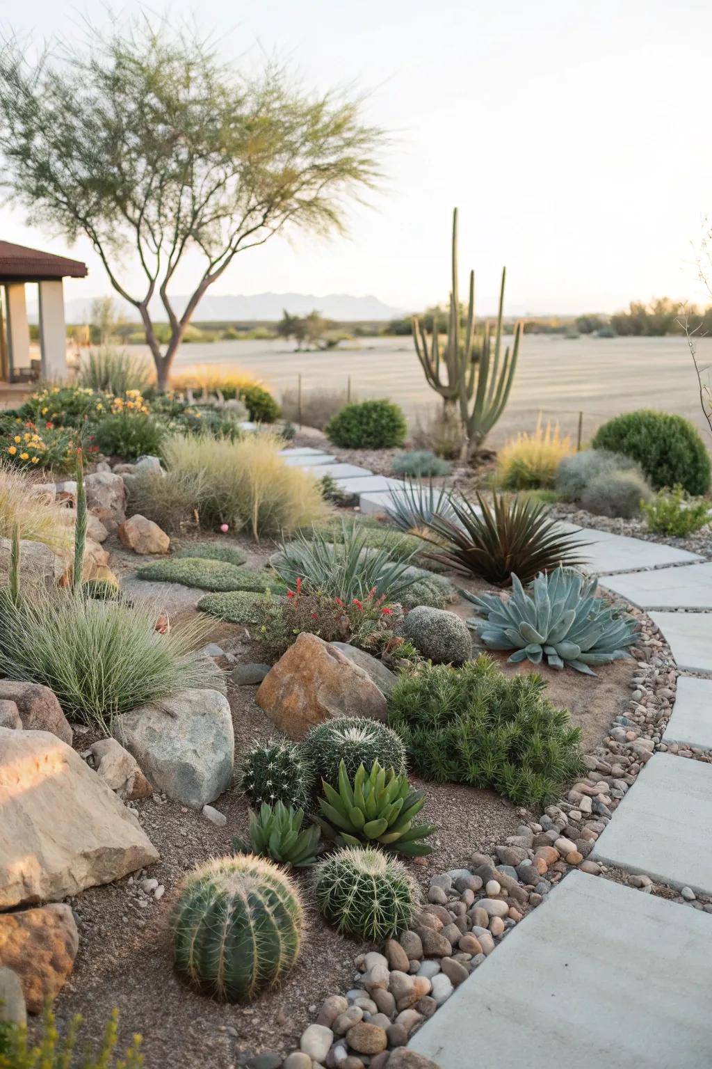 A xeriscape garden with reduced lawn areas for water efficiency.