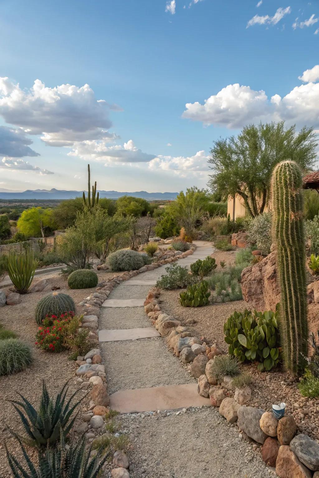 A garden featuring natural stone and gravel pathways in New Mexico.