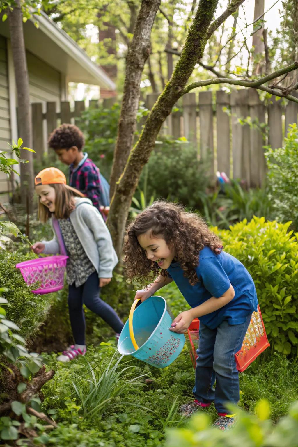 Kids exploring nature during a backyard scavenger hunt.