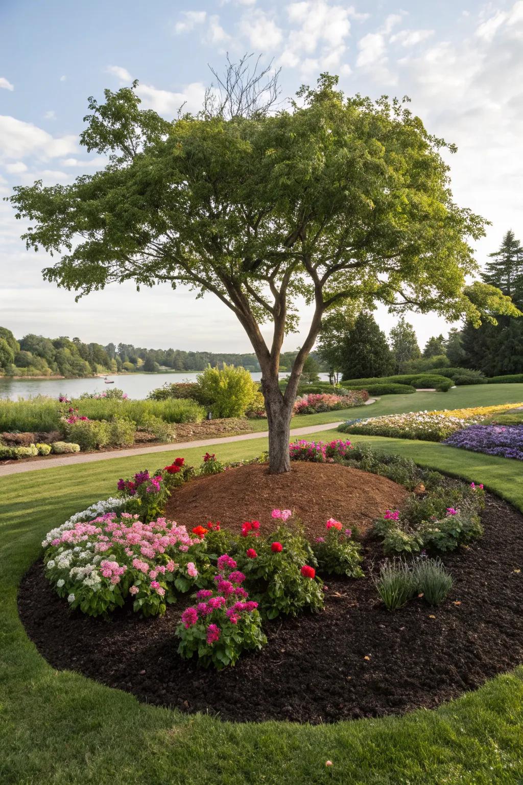 A garden island using mulch for a neat and low-maintenance appearance.