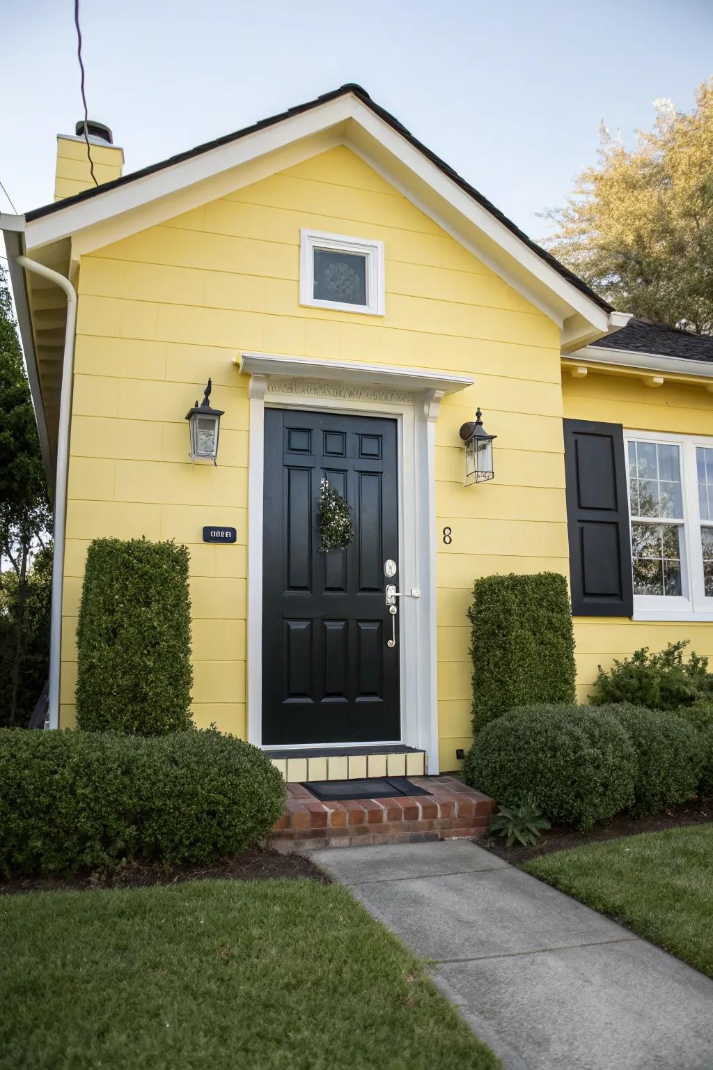 Black doors create a chic modern contrast on yellow homes.