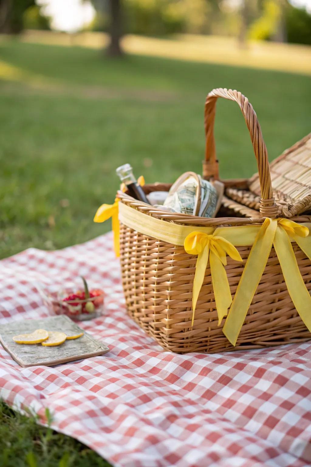 A charming picnic basket with yellow accents, ready for a delightful day outdoors.