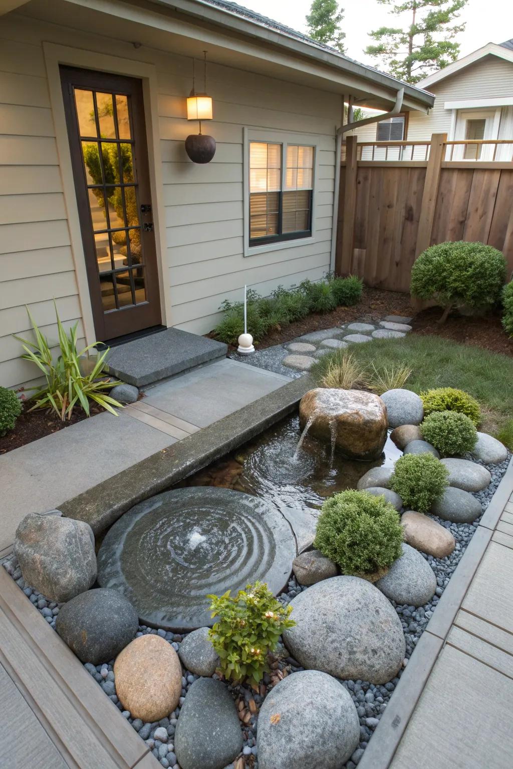 A bubbling fountain adds tranquility to the garden.