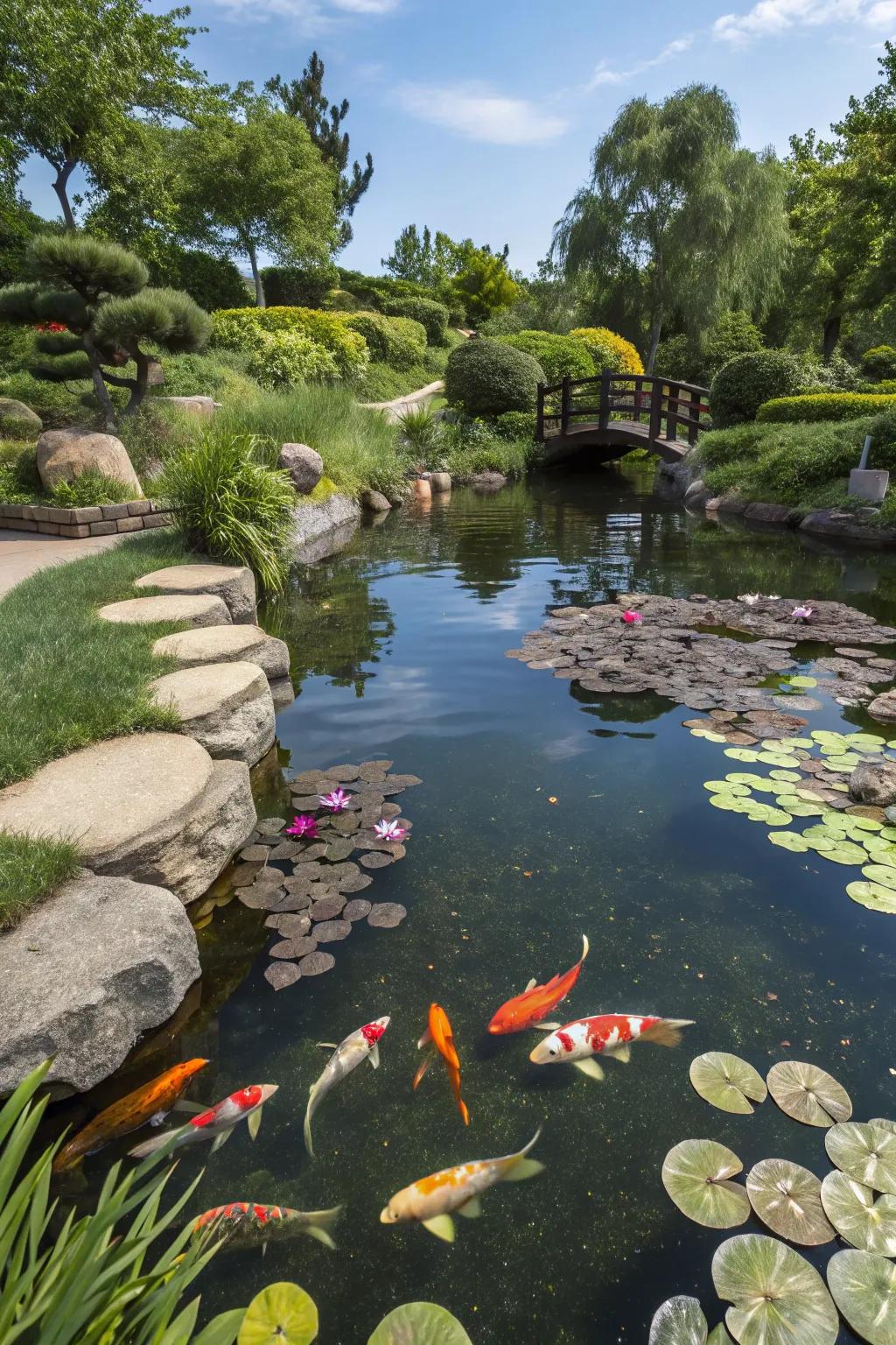 A koi pond adds movement and life.