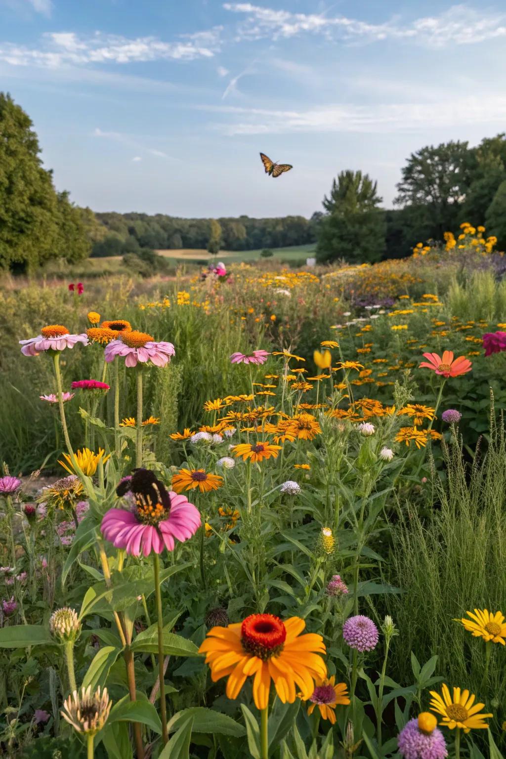 A wildflower haven attracting pollinators with diverse blooms.