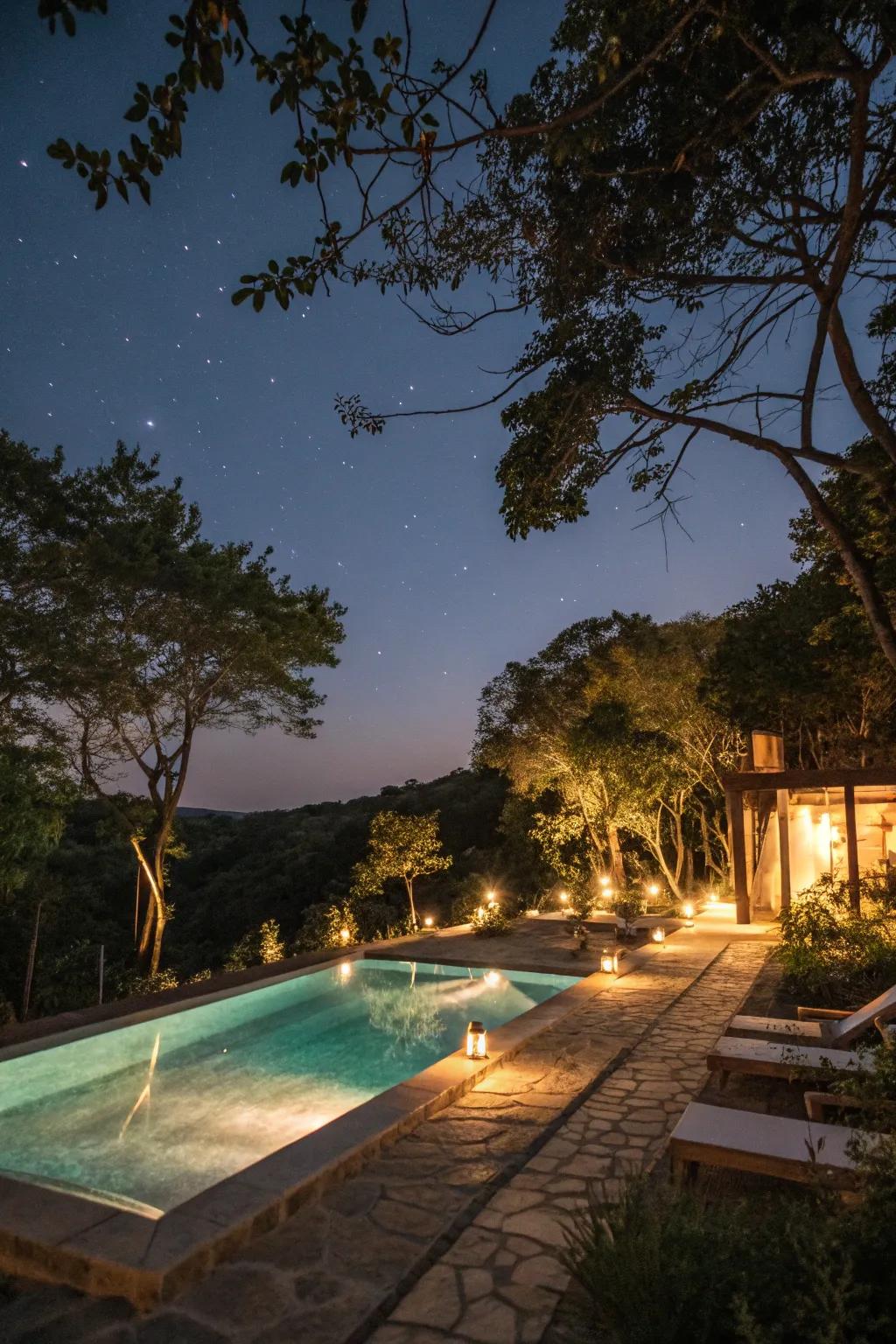 Elegant lighting illuminating the pool area at night