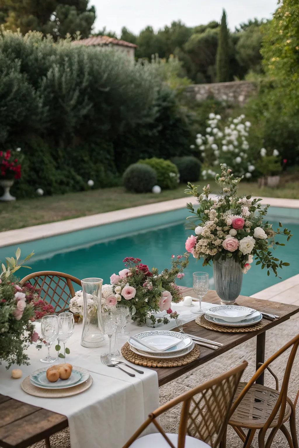 Dine under the stars with a poolside setup.
