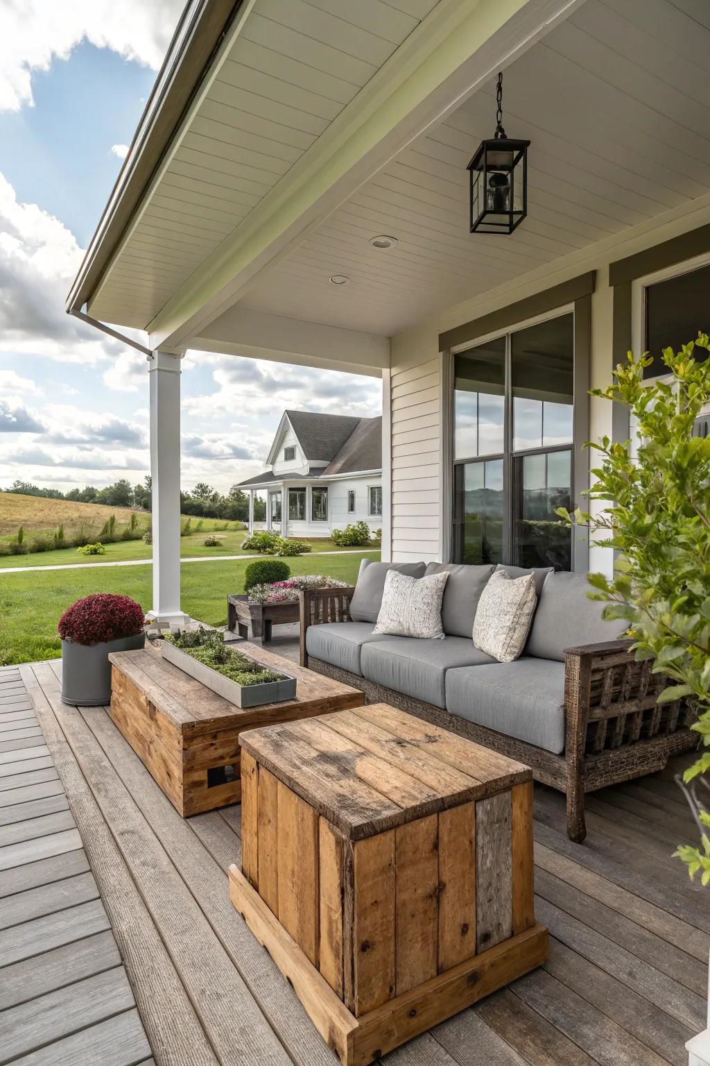 Mixing modern and rustic styles creates a uniquely inviting porch.