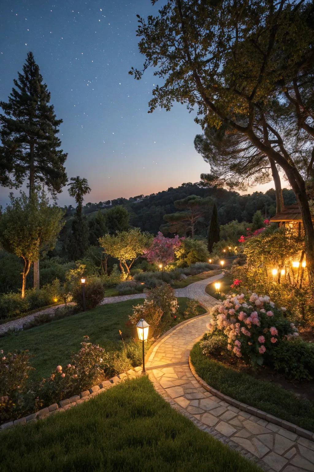 Outdoor lighting turns gardens into enchanting evening escapes.
