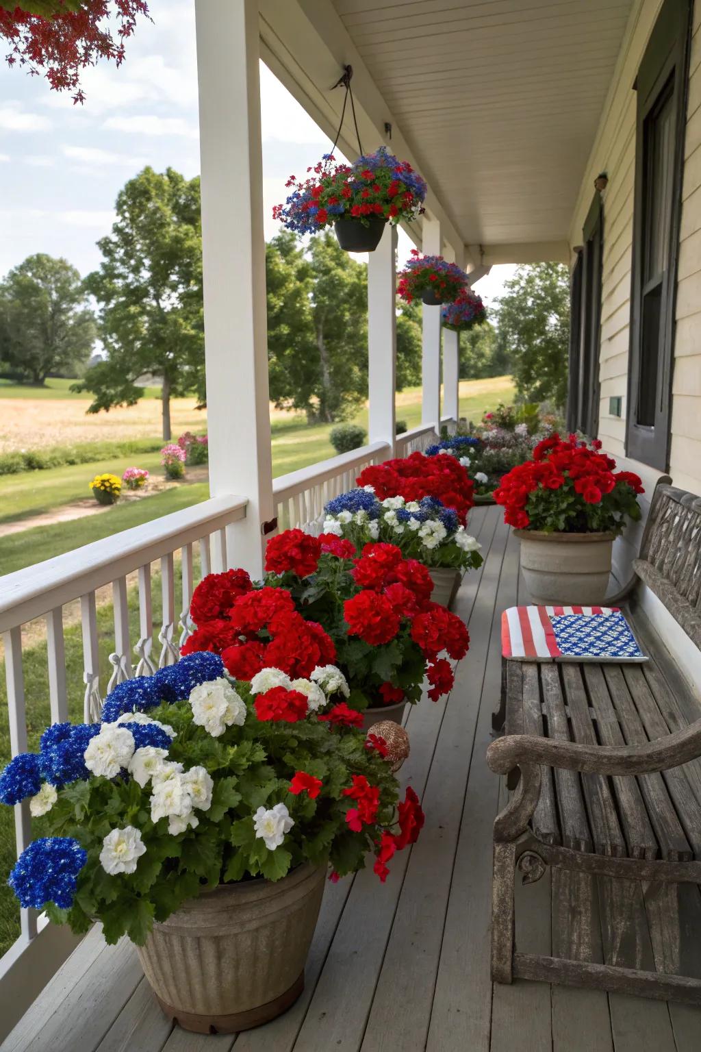 Floral arrangements bring life and color to the porch.