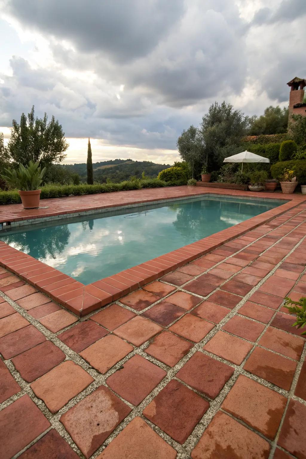 A charming pool with rustic terra cotta tiles.