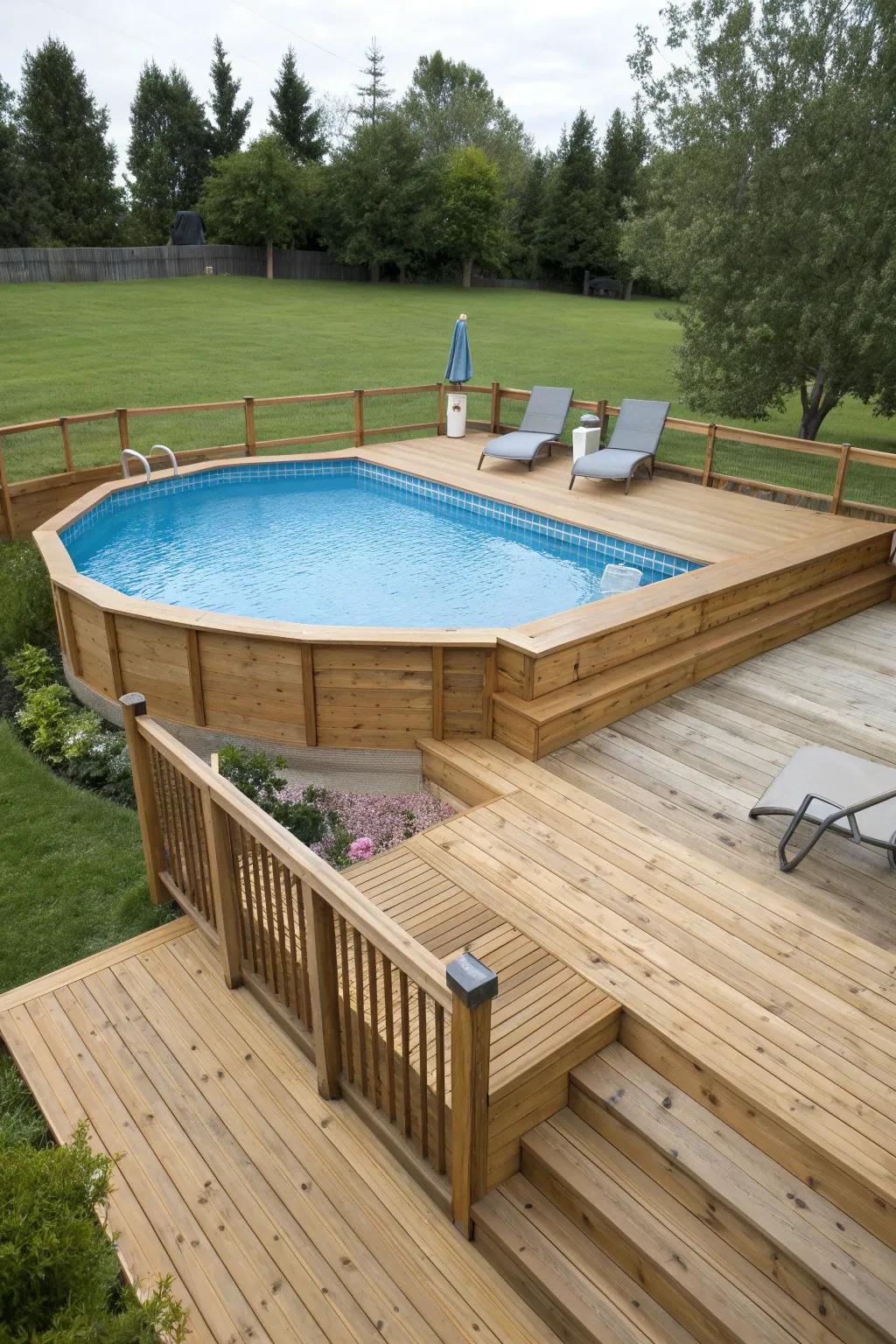 Built-in benches offer seating and storage solutions poolside.