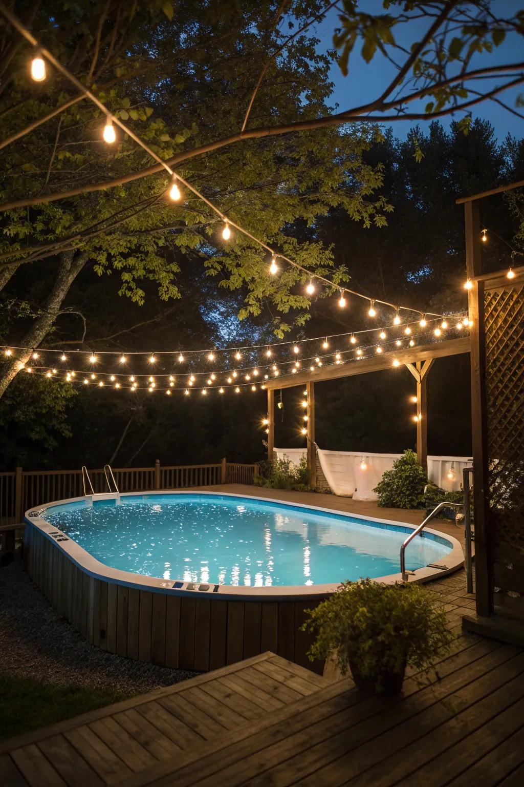 String lights add a magical glow to your above ground pool.