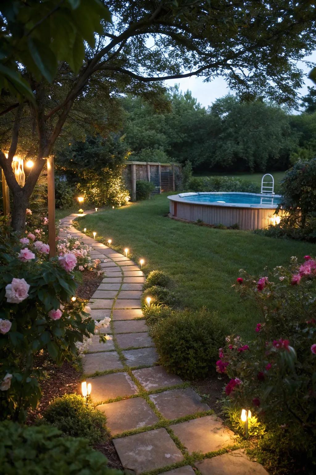 Subtle pathway lighting enhances safety and aesthetics.