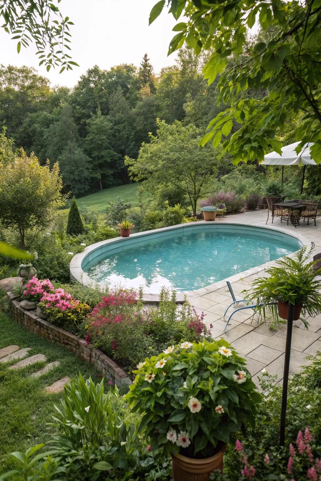 A pool enveloped by greenery for a serene garden escape.