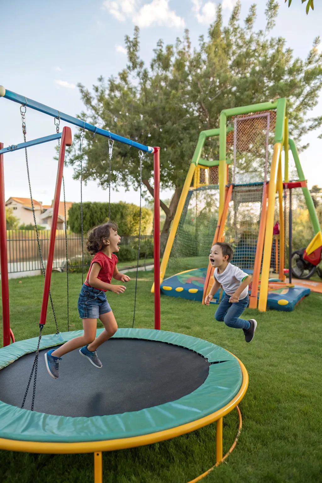 A trampoline becomes the centerpiece of a fun-filled play area.